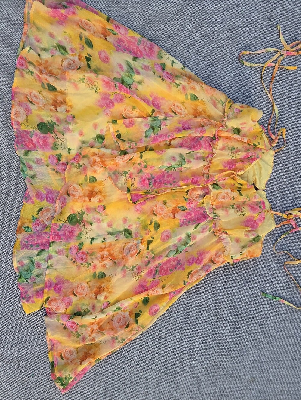 Boutique Yellow Floral Chiffon Mini Dress Tie Strap Ruffle Layered Size L - Picture 11 of 11